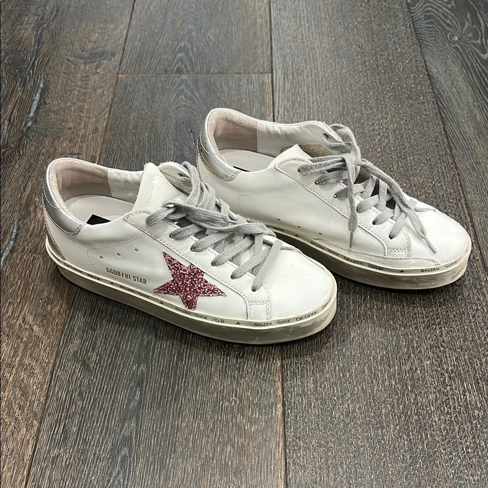 Authentic Golden Goose Hi Star White Sneakers with Glittery Pink Star - Picture 9 of 10